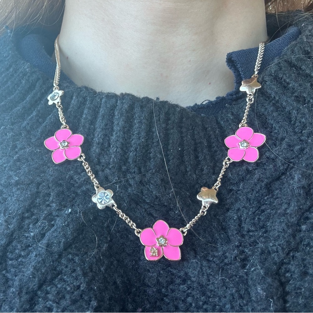 NWOT Karl Lagerfeld Pink Floral Necklace with Gold Chain and Gem accents